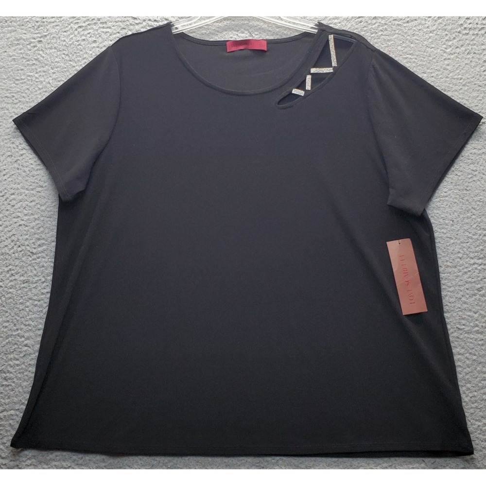 Love Scarlett Blouse Top Womens 2X Black Rhinestone Cutout Short Sleeve Pullover